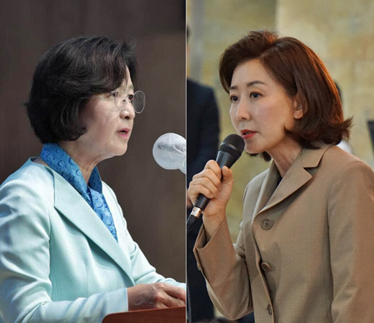 왼쪽부터 제22대 국회 6선에 오른 추미애 더불어민주당 의원(66·경기 하남갑), 5선이 된 나경원 국민의힘 의원(61·서울 동작을).<추미애·나경원 국회의원 페이스북 사진 갈무리>